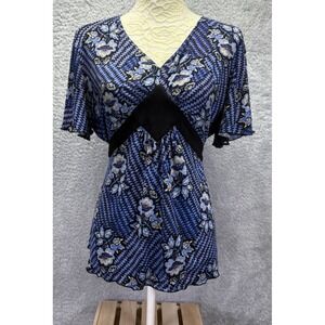 Vintage Y2K Fairy Babydoll Top Tie Back Blue Black V Neck‎ Floral Boho XL